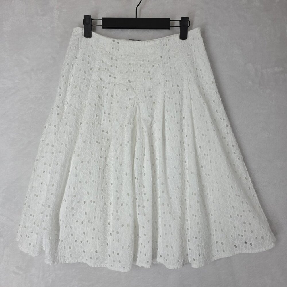 Magaschoni White Cotton Eyelet Skirt Midi 27x23.5 Lined Floral Spring Crisp